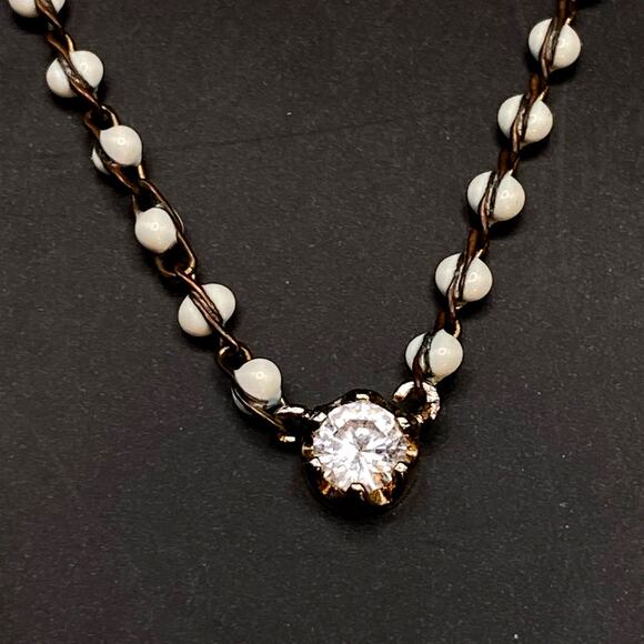 Dainty CZ Milk Glass Choker Pendant Necklace Antique Gold Tone Wire Wrapped - Picture 3 of 5